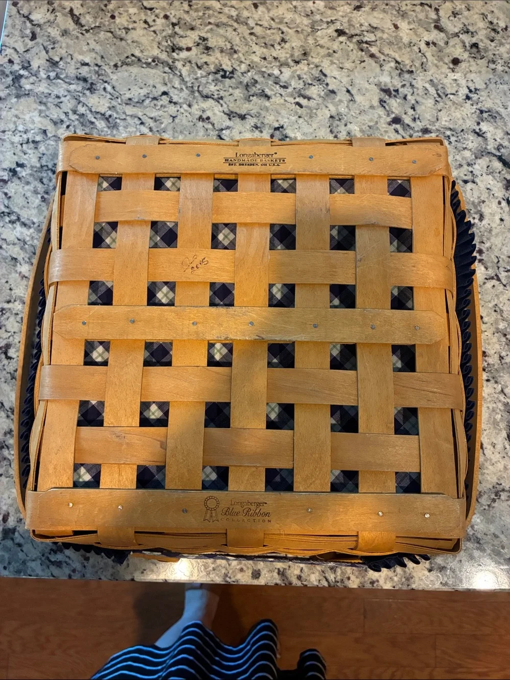 Longaberger Blue and White Gingham Square Basket with Wooden Handles